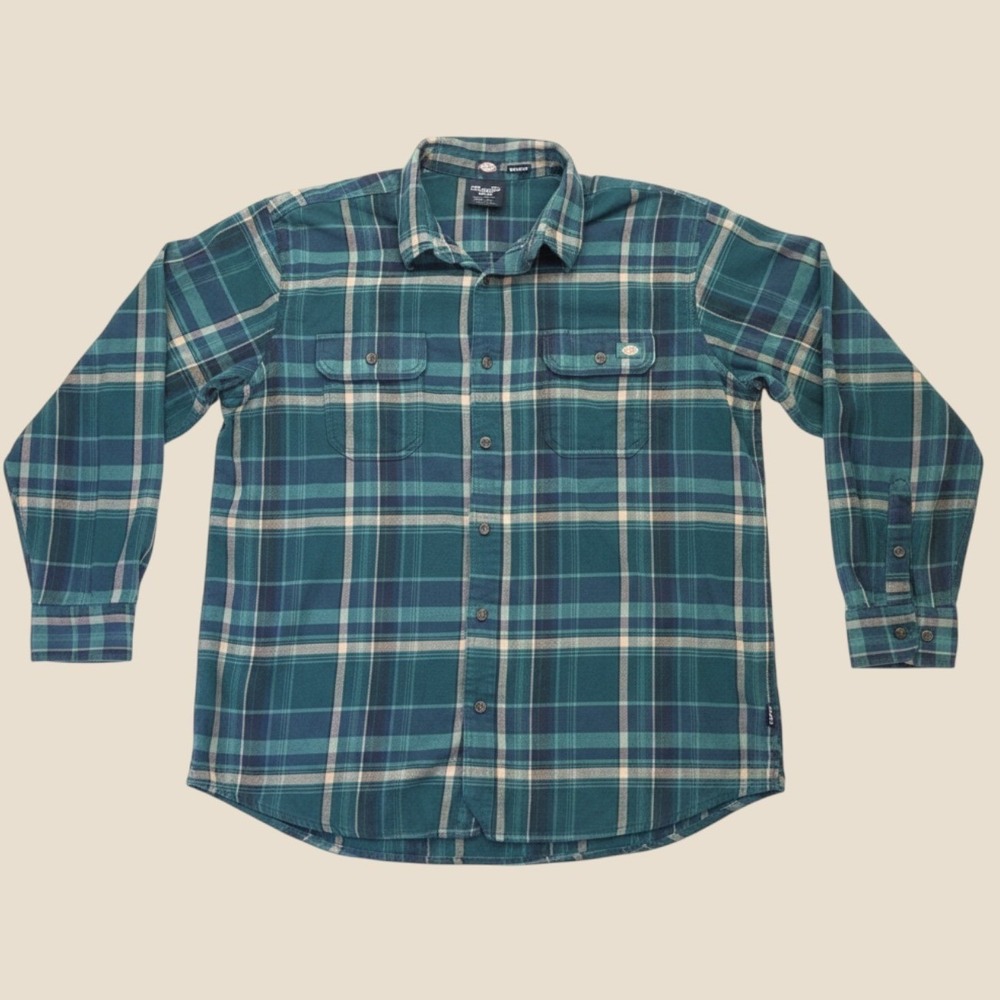 Dickies Mens Relaxed Fit Plaid Flannel Shirt Green Blue XL Long Sleeve Workwear
